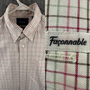 Faconnable Oxford Button Down Shirt Men Long Sleeve Pink Green Check Logo Medium